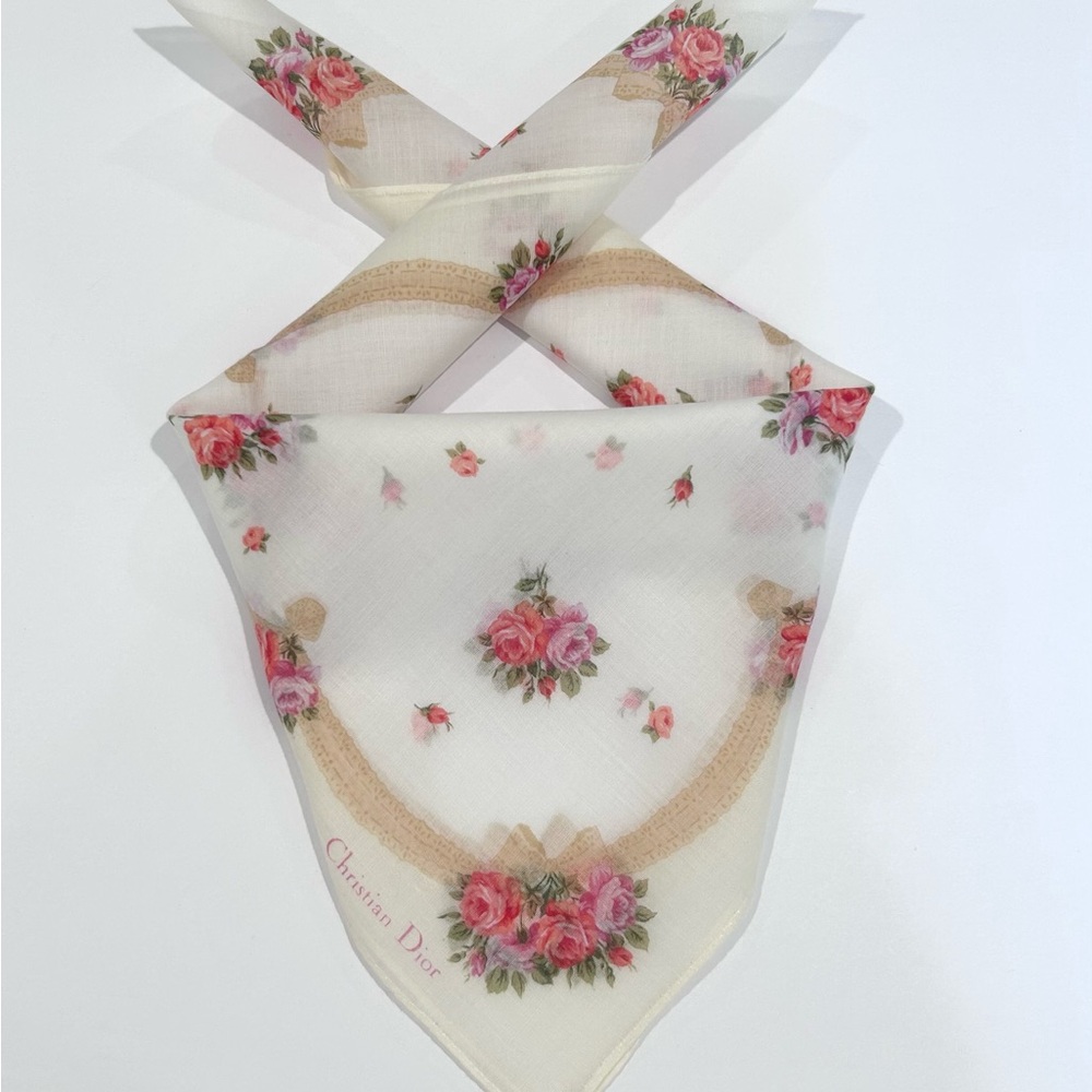 WOMEN HANDKERCHIEF CHRISTIAN DIOR Floral Rose Cream Scarf Bandana COTTON 18”